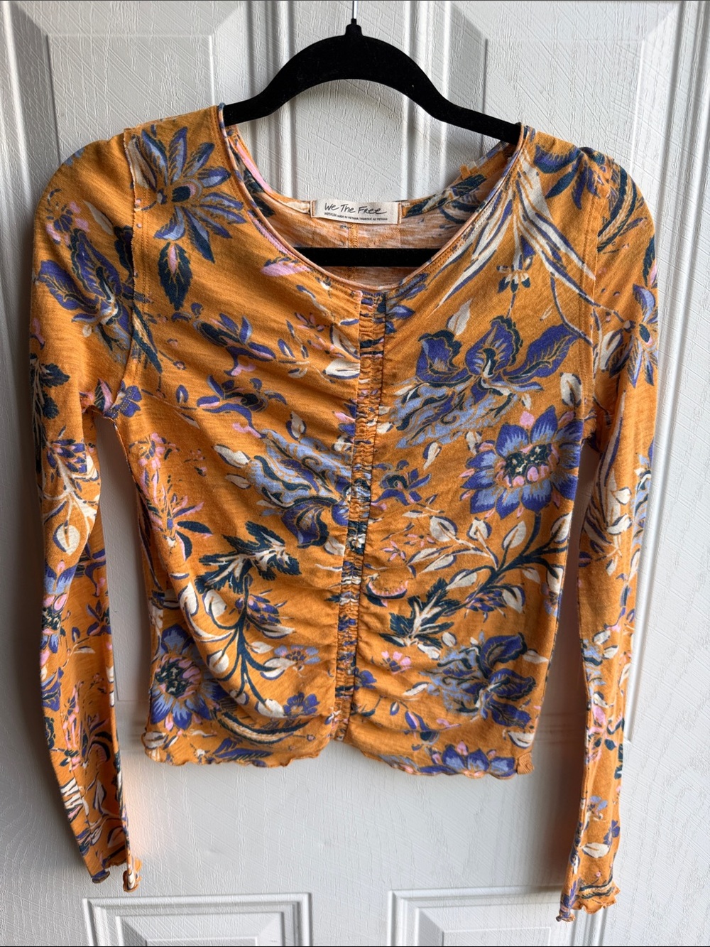 Free People We The Free Floral Ruched Long Sleeve Boho Festival Top Size Medium